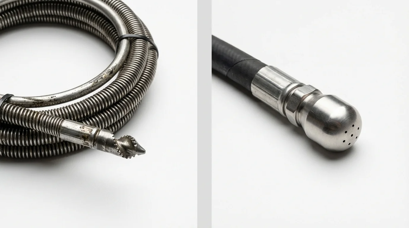 Drain snake cable and hydro jetting nozzle used for drain cleaning in Mountain View, MO