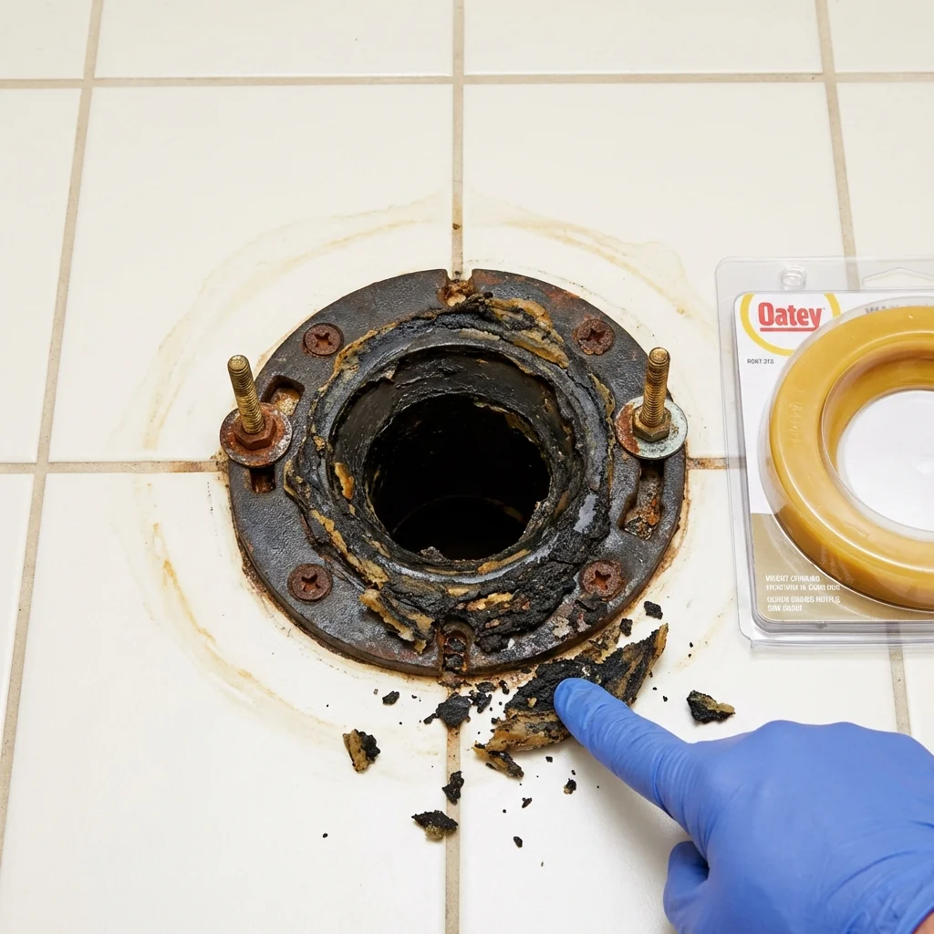 Failed wax ring showing water seepage at the base of a toilet in a Mountain View, MO home