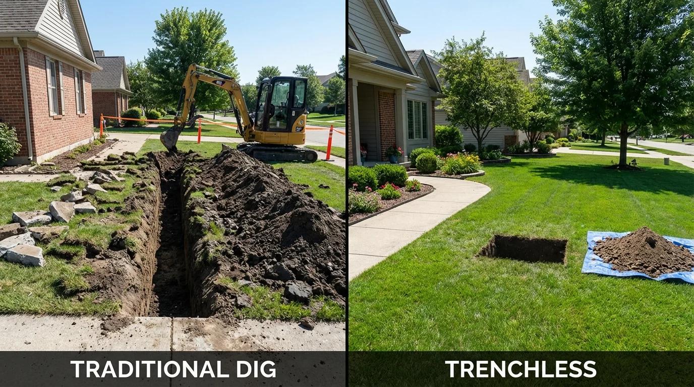 Trenchless sewer repair with minimal yard damage versus traditional excavation in Mountain View, MO